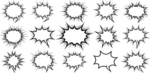 Comic Explosion Burst Shapes Collection with Hand Drawn Speech Bubble Effects, Cartoon Boom Frames, and Dynamic Impact Elements for Pop Art Design © Selim Studio