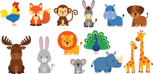 Cute Farm and Jungle Animal Cartoon Collection with Fox Monkey Donkey Hippo Dog Lion Peacock Rabbit Rhino Giraffe and More for Kids Designs © Selim Studio