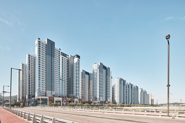 Modern building exterior architecture under blue sky, no people