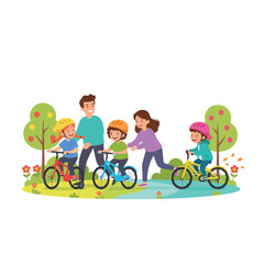 A happy family of five, including parents and three children wearing helmets, enjoy a sunny day cycling together in a vibrant park.