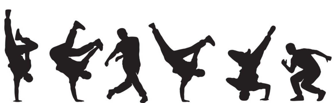 Silhouettes of breakdancers performing various dynamic moves and poses on a white background.