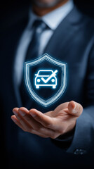 Businessman holding car insurance protection shield hologram