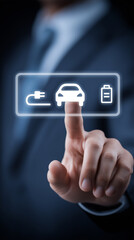 Businessman touching digital electric vehicle charging interface
