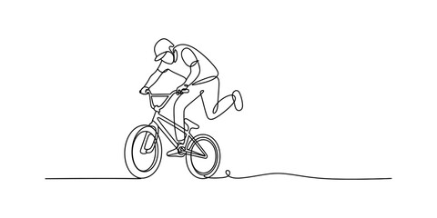Naklejka premium A continuous line drawing of a person performing a bmx bike stunt on a white background Vector, illustration