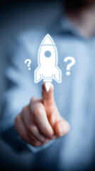 Businessman finger touching rocket icon with question marks