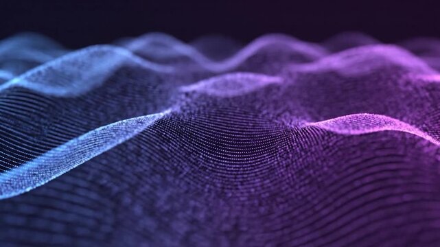 Abstract digital wave of glowing particles flowing across a dark background