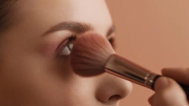 Close-up of a person applying blush to their cheek with a makeup brush, focusing on beauty and cosmetics