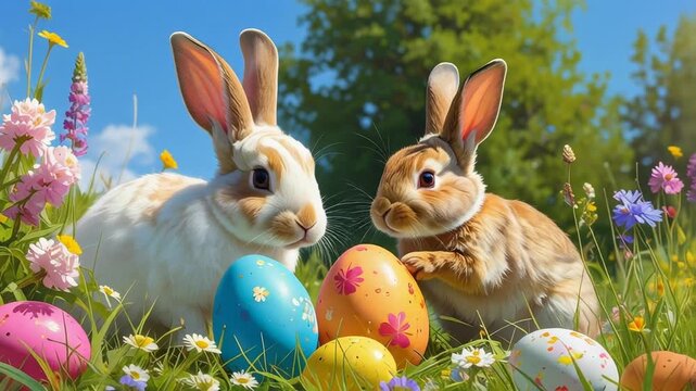 Two adorable Easter bunnies surrounded by colorful eggs in a lush green meadow on a sunny day