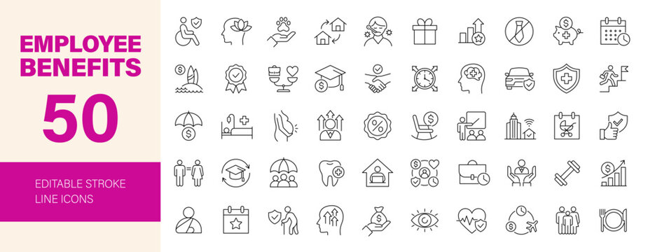 Employee benefits icon set. Editable line icons. Vector illustration.