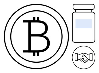 Obraz premium Cryptocurrency concept. Cryptocurrency Bitcoin symbol paired with handshake and medicine bottle. Cryptocurrency for digital finance, blockchain, healthcare, trade. Suitable for finance, business