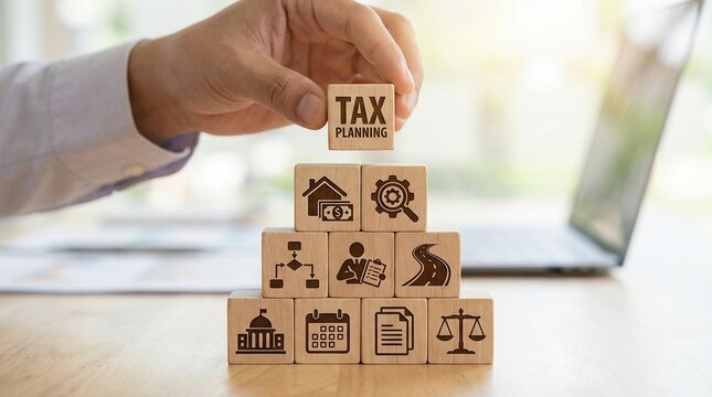 Tax planning, taxation, financial strategy, business planning, accounting, investment, wealth management concept showing a hand building a wooden block pyramid with icons for law.
