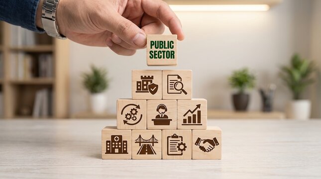 Public sector, government, governance, public administration, infrastructure, public services, community development concept with hand building foundation on wooden blocks.