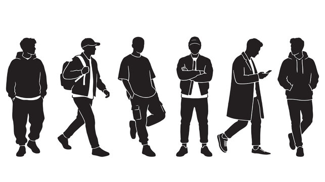 Collection of diverse male silhouettes in casual urban fashion, showcasing different poses and styles.