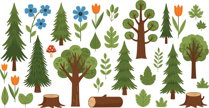 Comprehensive Forest and Garden Nature Set Featuring Trees Flowers Leaves Log and Tree Stumps for Woodland Landscaping Design