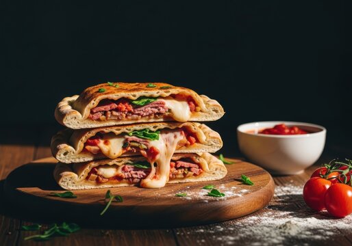 Delicious calzone pizza cut in half on wooden board with melted cheese and fresh tomatoes on side