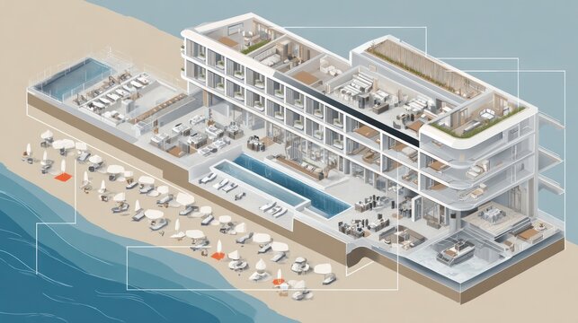 Isometric, beachside resort cutaway showing rooms, pools, and amenities