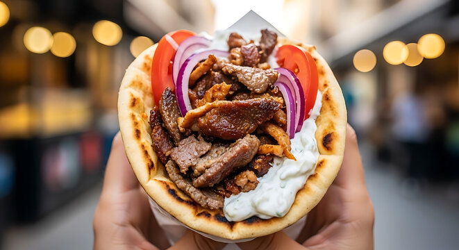 Person holds a delicious Greek gyro pita sandwich filled with carved meat, fresh tomatoes, and creamy sauce.