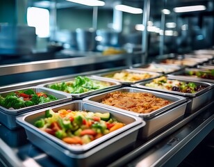 Obraz premium trays of prepared meals sit on a conveyor belt good for healthy eating and industrial food prep