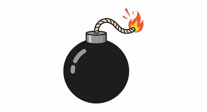 Black Bomb with Lit Fuse on White Background