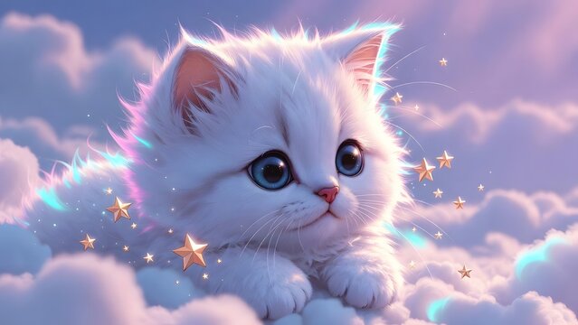 Magical white kitten lying on purple clouds with gold stars. Dreamy fantasy and baby pet. Fluffy 3D cat resting in celestial sky with sparkles