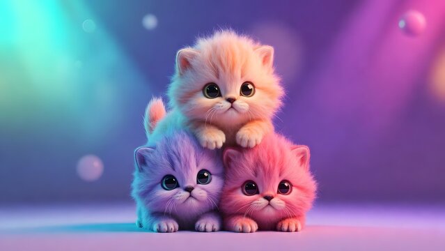 Three fluffy colorful kittens in a pyramid stack. Cute pets and feline companionship. Three small baby cats sitting together in a vibrant purple and blue studio setting