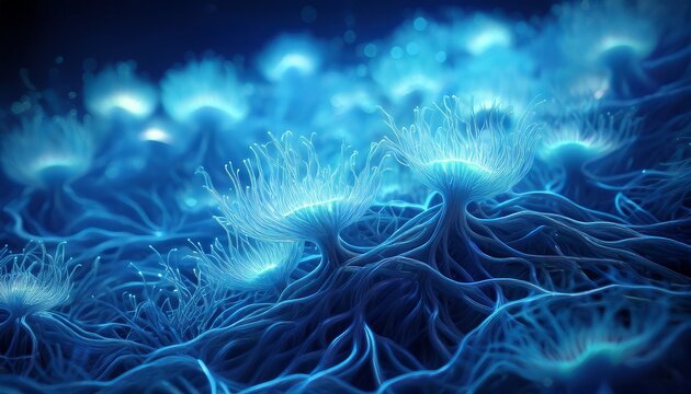 mycelial a macro view of an underwater microbial mat as a glowing electric blue mycelial network stem education sheets lab safety posters designed for biotech research communications