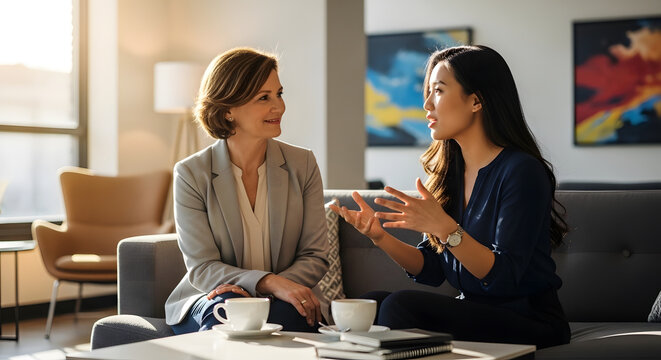 Mature Female Executive Mentoring Young Asian Colleague During Casual Coffee Meeting on Modern Office Sofa