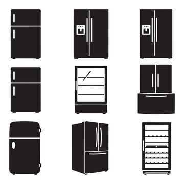 Collection of various refrigerator and freezer icons, showcasing different styles and designs in a clean, modern silhouette.