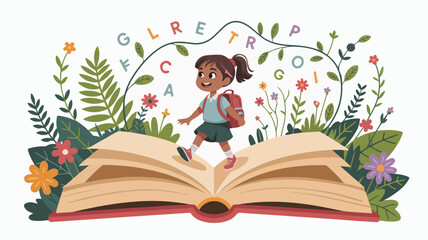 Young girl reading a large book surrounded by flowers