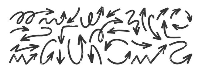 Hand-drawn arrow set with doodle markers and pen strokes. Vector icons featuring handwritten sketches, squiggles, and decorative arrows. Vector illustration. © Arina