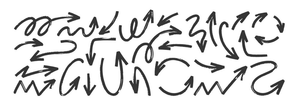 Hand-drawn arrow set with doodle markers and pen strokes. Vector icons featuring handwritten sketches, squiggles, and decorative arrows. Vector illustration.