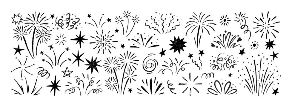Crayon-style firework illustrations with playful doodle stars. Childlike hand-drawn patterns featuring festive bursts, confetti, and celebratory elements. Vector illustration.