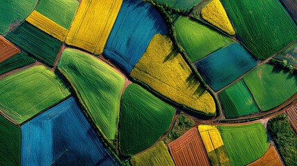 Aerial view of colorful farmland with irregularly shaped fields in green, yellow, and blue hues separated by roads and pathways.