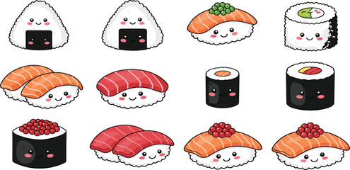 Cute Kawaii Sushi Set with Smiling Nigiri Rolls and Onigiri Cartoon Japanese Food Vector Illustration Collection © Selim Studio