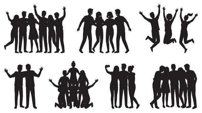 Collection of diverse group silhouettes celebrating and having fun together, showcasing unity and joy.
