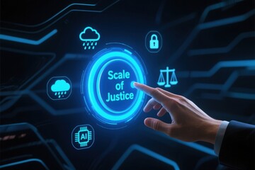 Fototapeta premium Ai compliance policy governance ethical development legal scale of justice concept with hand pointing on digital interface