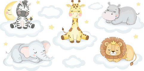Obraz premium Cute Safari Baby Animals Sleeping on Clouds Vector Illustration Set with Lion Giraffe Elephant Zebra and Hippo for Nursery Design Projects