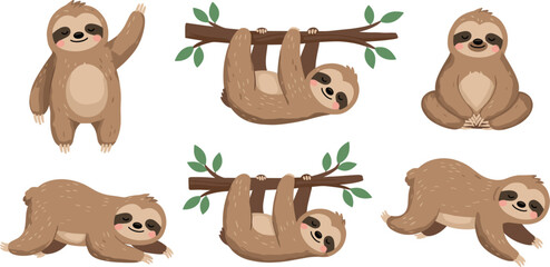 Fototapeta premium Cute Sloth Cartoon Character Set with Different Poses Hanging Sleeping Sitting and Crawling for Kids Illustration Sticker and Mascot Vector Design