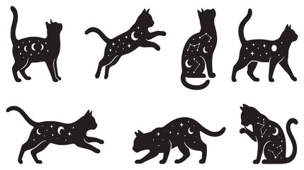 Set of black cat silhouettes with celestial patterns, stars, and moons, in various poses. © Riki