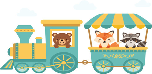 Obraz premium Cute Woodland Animal Train Illustration with Bear, Fox and Raccoon for Kids Nursery Art, Children Book Design, Baby Shower and Cartoon Vector Scene