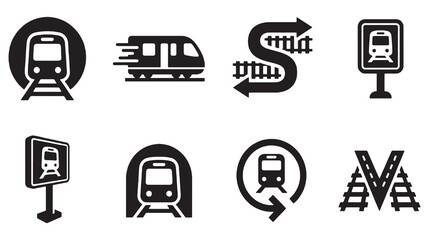 Collection of stylized black and white icons representing trains and railway transportation. © Riki