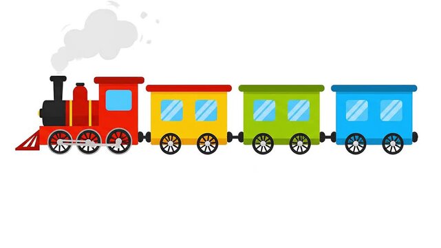 Colorful toy train moving across white background in motion