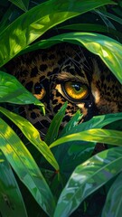 A leopard's face partially hidden by vibrant green leaves