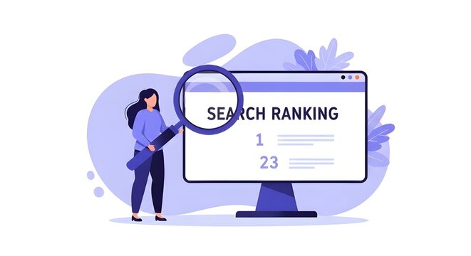 Search Ranking Concept Illustration with Woman Using Magnifying Glass &ndash; SEO Optimization Strategy