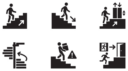 Set of icons depicting various stair and elevator usage scenarios, including ascending, descending, and emergency exits. © Riki