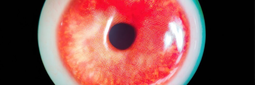 Artistic Human Eye Close Up Featuring Red Halftone Reticulation for Editorial Design and Creative Collage Isolated on a Black Background