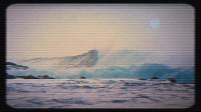 Big Ocean waves background with slide show effect. Sea waves with Scratches Grain and Vignette.