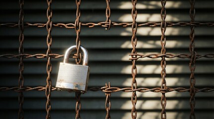 Silver padlock on rusty horizontal wire mesh fence
