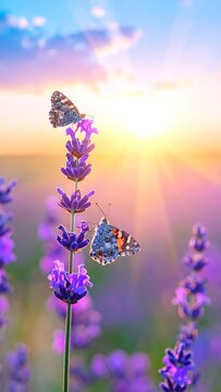 A serene landscape with butterflies on lavender flowers at sunset