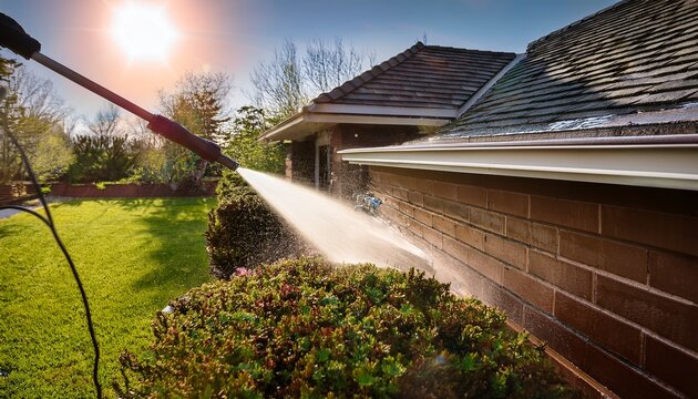 cleaning spring rain gutters with a pressure washer